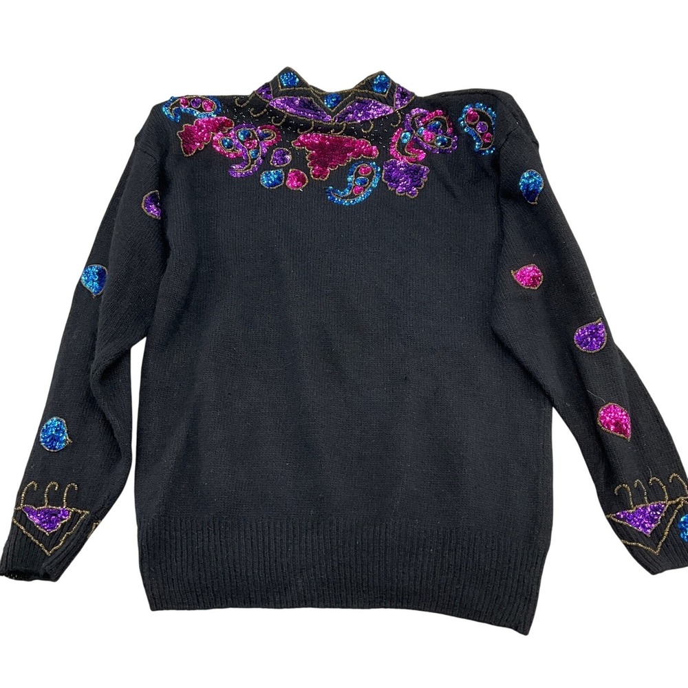 Vintage 80s Sweater Joule Energy Womens Medium Black Pink Bead Gems Angoral Siil